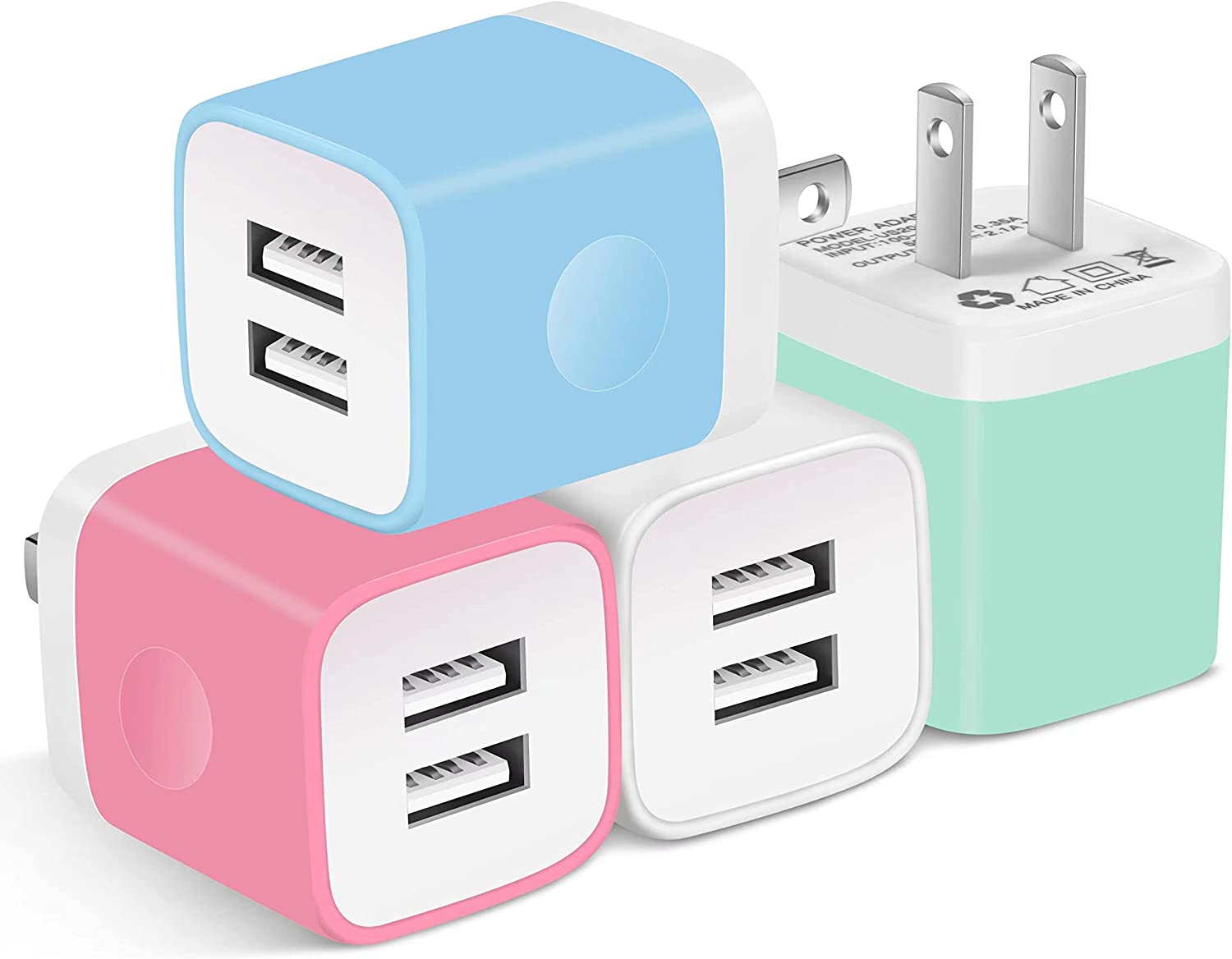 Wall Charger Cube, X-EDITION 2.1A/5V Dual Port USB Wall Plug 4 Pack Travel Charging Block Box Adapter Compatible with iPhone 14 13 12 11 SE XS X 8 7 6S, Samsung S23 S22 S21 S20 S10 S9 A71 A51 A21 A90